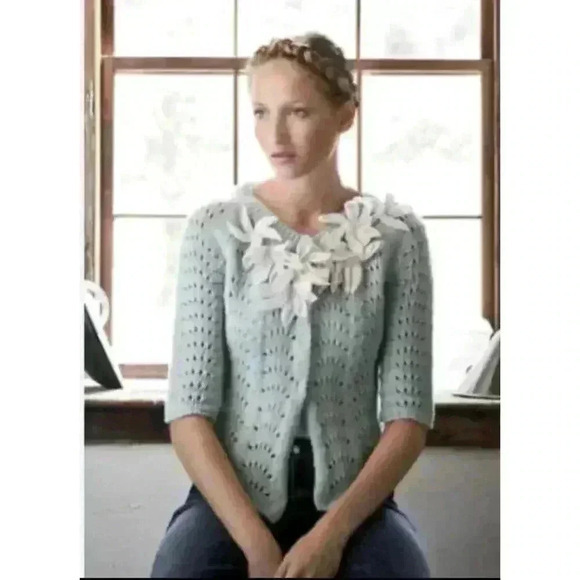 Field Flower Anthropologie XS Blue Knit 3D Starflower Angora Wool Cardigan - Picture 1 of 10